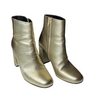 Saint Laurent Lou Gold Metallic Leather Ankle Boots Block Heel EU 38.5 US 8.5